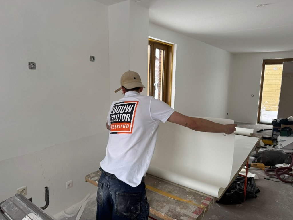 Behanger van Bouwsector Nederland rolt een baan renovlies uit over de plaktafel in een nieuwbouwwoning
